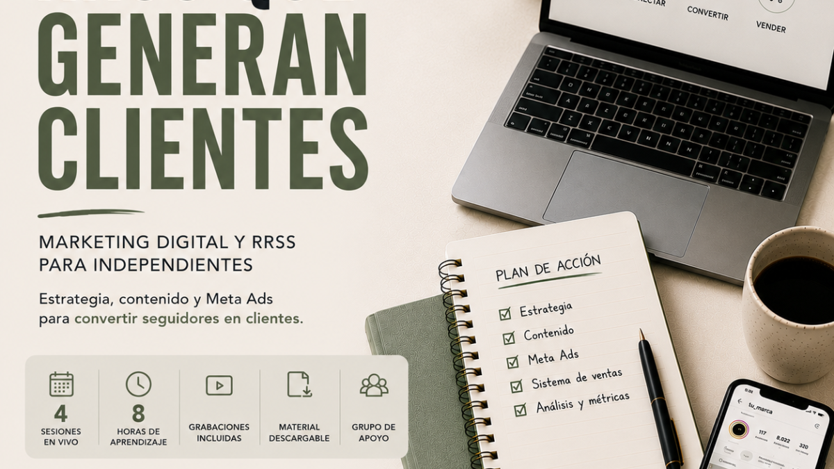Taller online RRSS que Generan Clientes. Curso de Marketing Digital y Meta Ads para independientes y emprendedores.